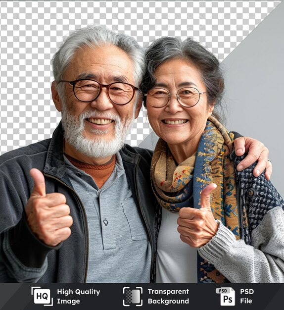 transparent background psd senior couple giving a thumbs up and smiling