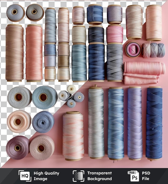 PSD transparent background psd sewing and tailoring set featuring a pink table blue and gray tape and a pink wall