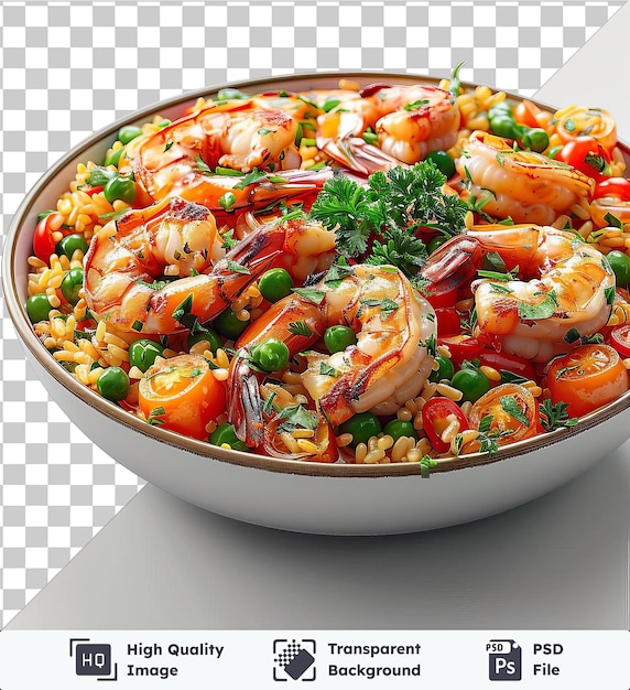 Transparent background psd shrimp paella with tomatoes and green peas served in a white bowl on a transparent background garnished with a red pepper