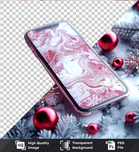 PSD transparent background psd smart phone with christmas decorations around it mockup