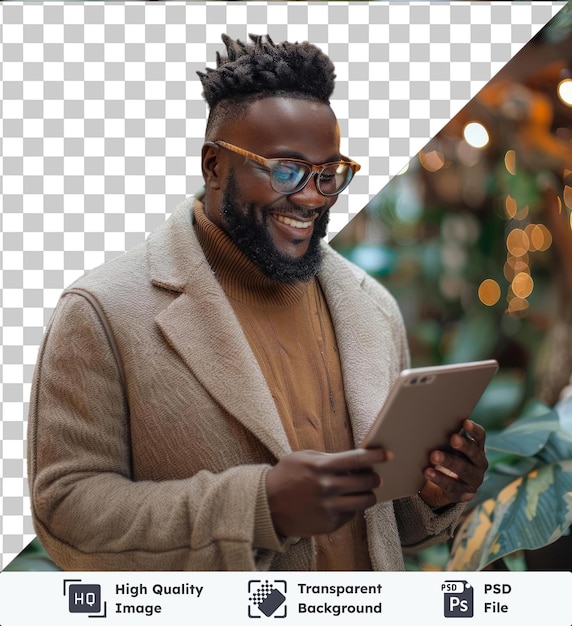 PSD transparent background psd smiling man browsing on a tablet online networking on the internet and scrolling on an app while standing happy mature and african male reading an email