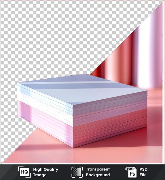 PSD transparent background psd stack business cards mockup on a pink table with a red curtain in the background casting a pink and red shadow