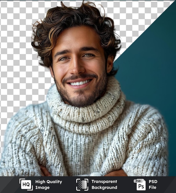 투명한 배경: 행복한 젊은 잘생긴 남자가 팔을 고 미소 짓고, 색 스웨터와 갈색 머리카락을 입고, 큰 코와 갈색 눈과 작은 귀를 볼 수 있습니다.