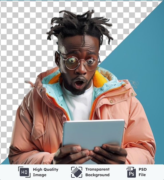 PSD transparent background psd studio shot of surprised man looking at tablet in front of blue wall wearing brown jacket glasses and black hair with open mouth and hands visible