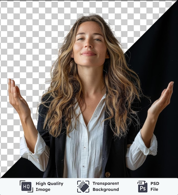 PSD transparent background psd successful business woman with arms up wearing a white shirt and gold button with long blond hair and a smiling face raising her hand in triumph