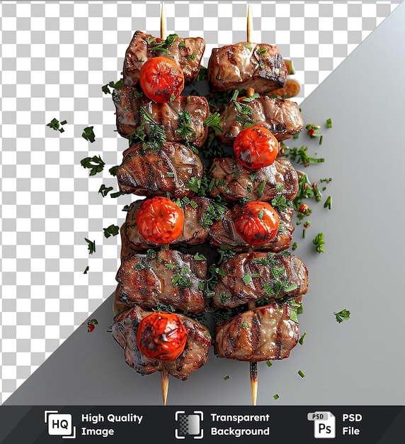 PSD transparent background psd succulent lamb kebabs on skewers with tomatoes on a stick