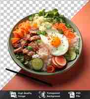 PSD transparent background psd tasty bowl of bibimbap with meat vegetables and rice with chopsticks