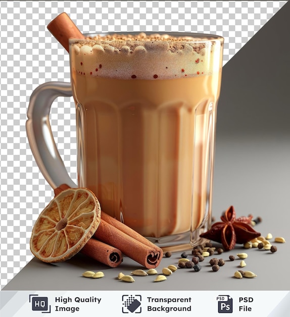 PSD transparent background psd tasty indian masala chai with spices in a glass mug