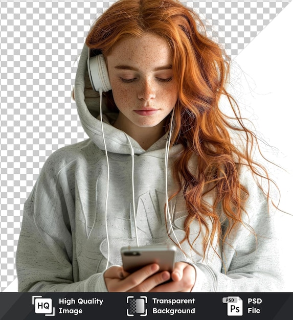 PSD Прозрачный фон псд подросток рыжеволосая девушка слушает музыку с мобильным через изолированный изолированной фон
