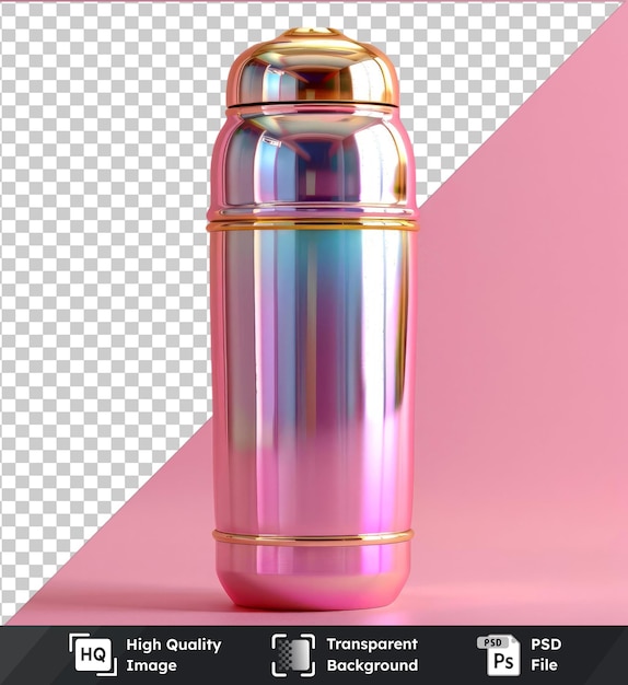 PSD transparent background psd of thermos with gold and silver top against pink wall casting shadow