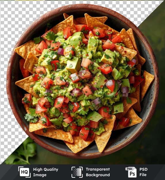 PSD transparent background psd top view mockup of a bowl with guacamole and nachos