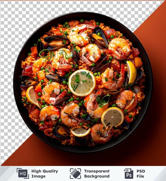 Transparent background psd top view seafood paella mockup with shrimp lemon and black olives