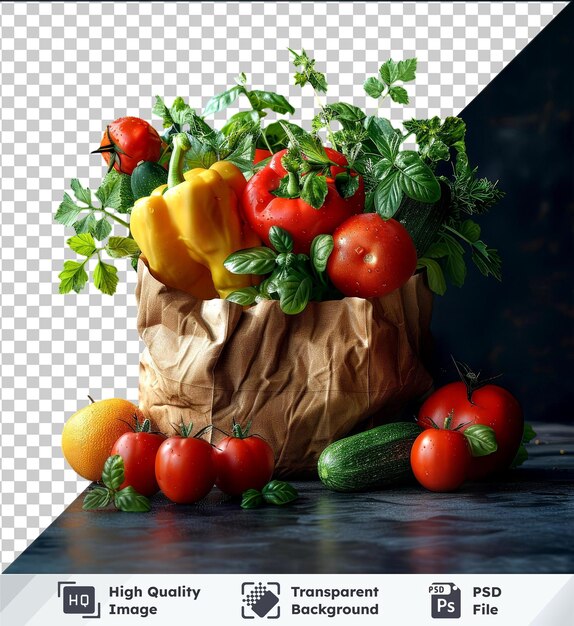 PSD transparent background psd vegetables in recyclable paper bag with red tomatoes green cucumber