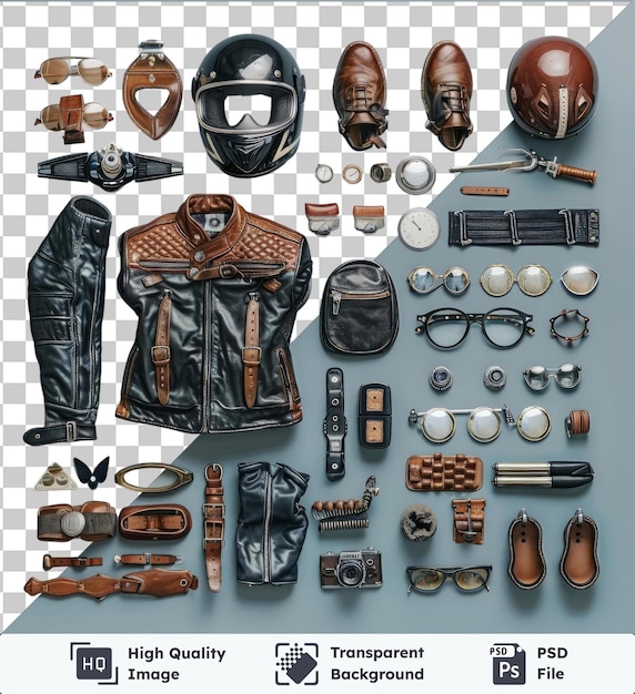 PSD transparent background psd vintage motorcycle gear and accessories set displayed