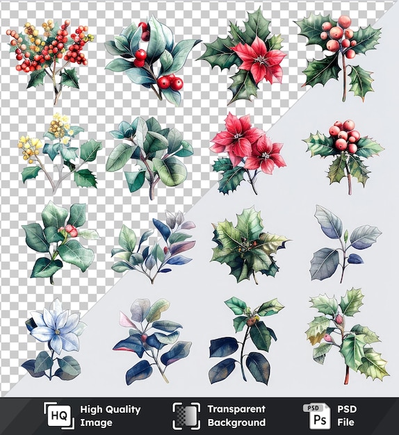 PSD transparent background psd watercolor holly flowers clipart floral elements paintings and leaves