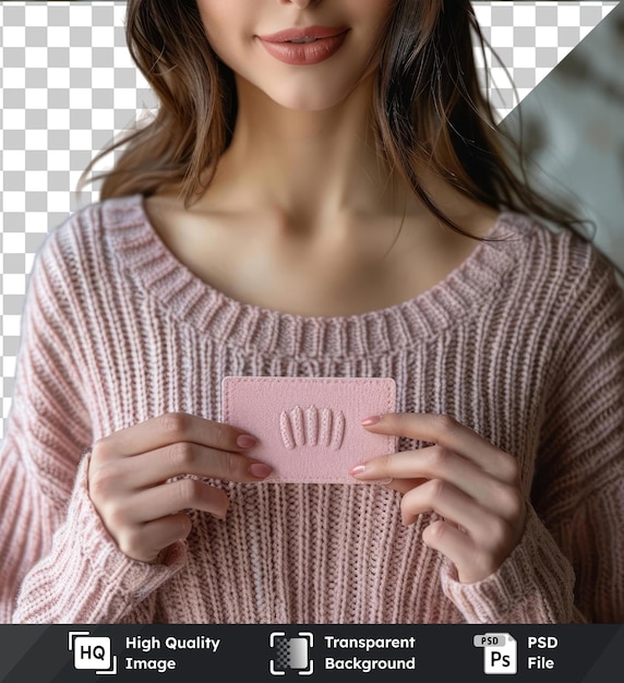 Transparent background psd woman holding gift card closeup of a woman with brown hair blue and brown eyes and a small nose wearing a pink sweater with her hands visible in the fore