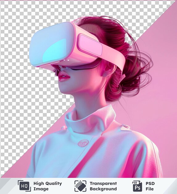 PSD transparent background psd woman with vr glasses isolated on white pink hair whiteblue shirt