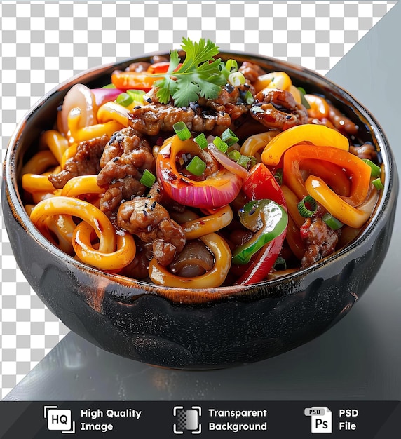 Transparent background psd yaki udon in a black bowl