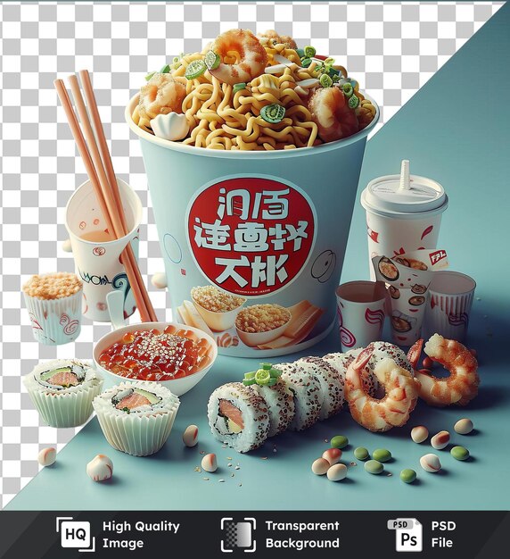 PSD transparent background psd yakisoba cup with shrimp and noodles on blue table accompanied by a white cup and a white and red cup with a wood chopstick in the foreground