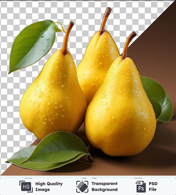 PSD transparent background psd a yellow pear and green leaves on a brown table with a dark shadow in the foreground