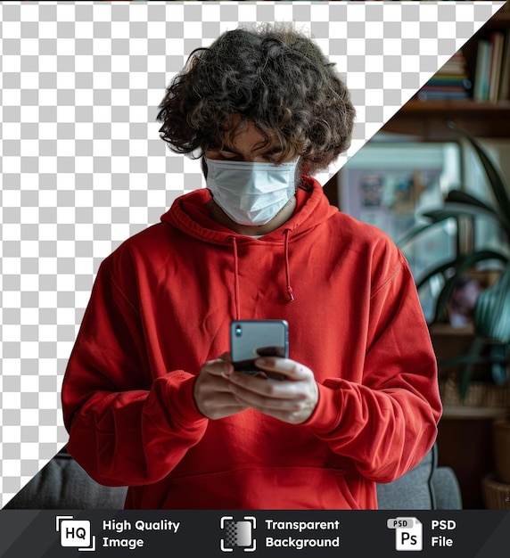 PSD transparent background psd young attractive man with curly hair dressed in a red sweatshirt using mobile in living room at home wearing a mask to protect himself from coronavirus new normal concept