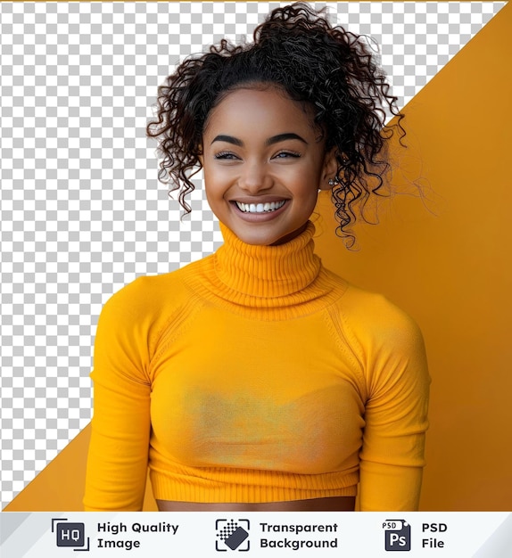 PSD transparent background psd young beautiful african american woman wearing turtleneck sweater over yellow smiling and laughing hard out loud because funny crazy joke with hands on body