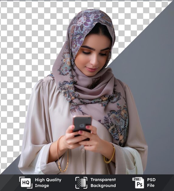 PSD transparent background psd young beautiful woman holding in hands cell reading browsing news on the phone