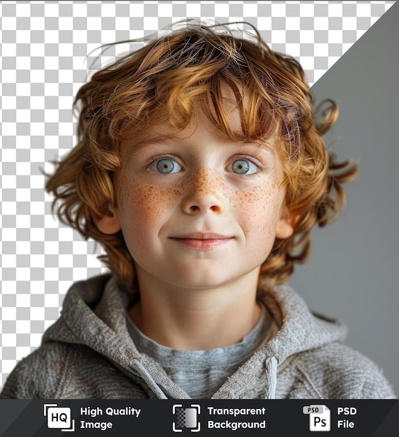 Transparent background psd young caucasian boy isolated over isolated background featuring his striking blue eyes small nose and brown hair with a small ear peeking out from behind his hair
