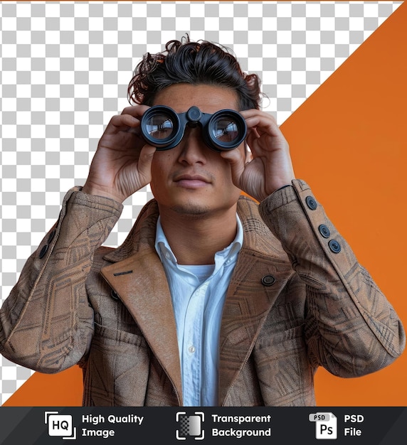 PSD transparent background psd young handsome businessman looking into future with binoculars on his head