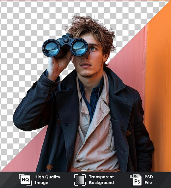 PSD transparent background psd young handsome businessman looking into future with binoculars on his head