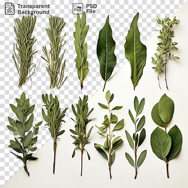 PSD transparent background realistic photographic herbalists dried herbs including green leaves and plants displayed on a white wall
