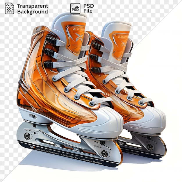 PSD transparent background realistic photographic ice skaters skates on a isolated background featuring a white boot and a white and orange boot with a white shadow in the foreground