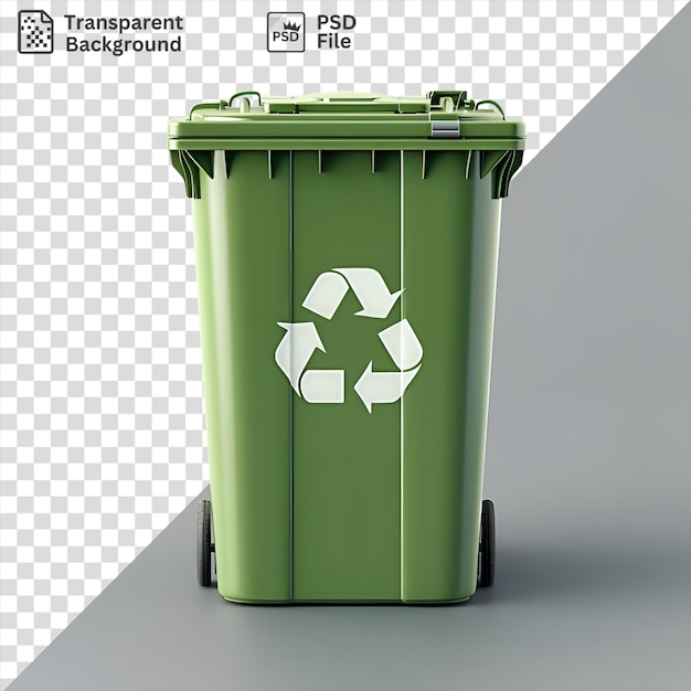 Transparent background recycling bin with black wheels and green lid against a gray and white wall with a dark shadow in the foreground