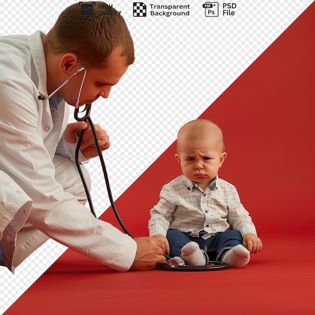 PSD Прозрачный фон грустный ребенок осматривается врачом со стетоскопом png psd