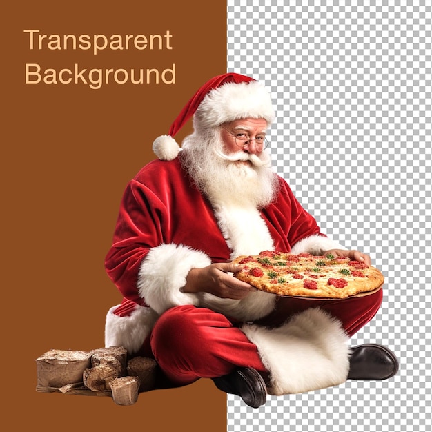 PSD transparent background santa claus is eating pizza while sitting on the floor