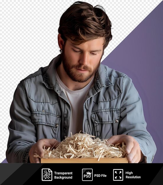 PSD transparent background serious focused woodworker making a straw box png