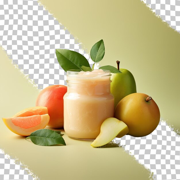 PSD a transparent background showcases a jar filled with fresh baby puree made from apple peach and pear