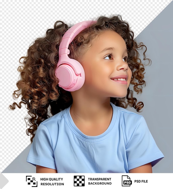 PSD transparent background side view of glad young girl kid in summer t shirt and pink headphones smiling while listening to favorite song with brown hair blue shirt small nose and brown and blue