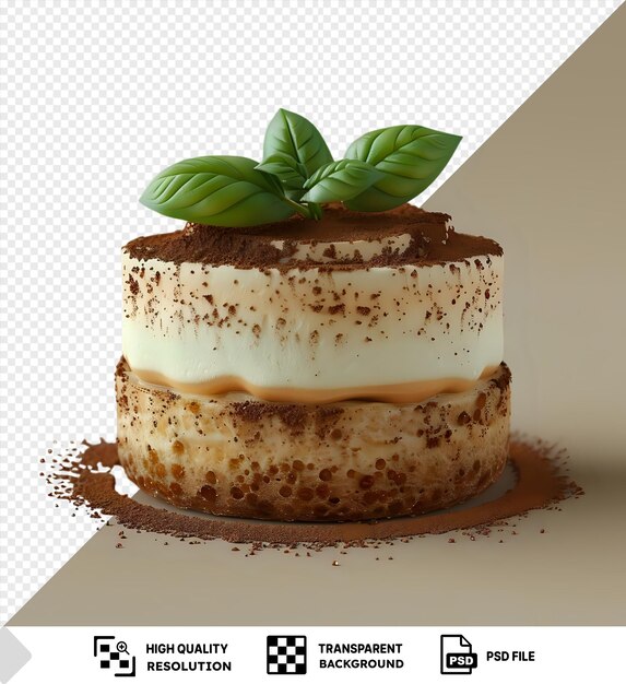 PSD transparent background silky tiramisu cake adorned with green leaves