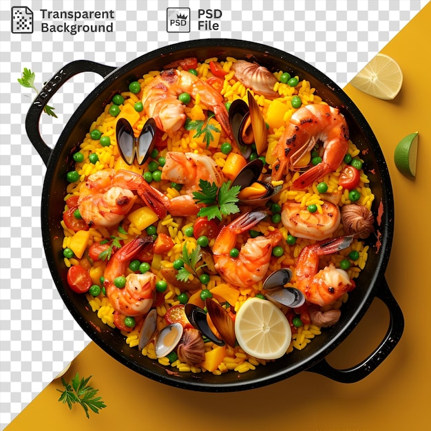 Sfondo trasparente padella frizzante di paella con gamberetti limoni e lime