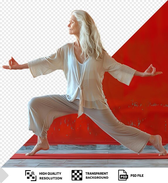 PSD transparent background slim aging woman doing yoga at home with a red wall in the background wearing a white shirt and pants with long blond hair and a bare foot visible png