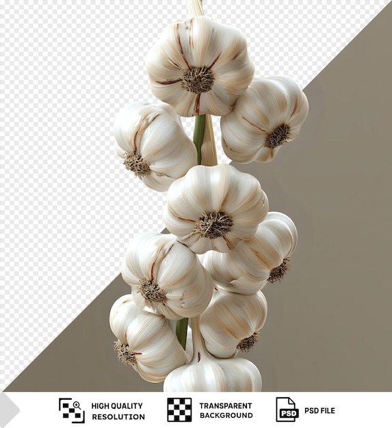 Transparent background string of fresh garlic flowers including white and brown blooms arranged in a vase png