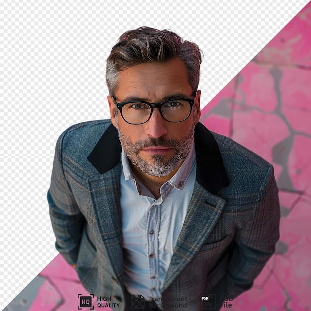 PSD transparent background stylish modern businessman in eyeglasses standing alone outside against a pink wall wearing a white and blue shirt black pants and a gray beard with brown hair and png