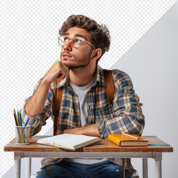 transparent background thinking looking side young male teacher holding book head sitting desk with school tools classroom with books pencils notebooks pens glasses and a cup of coffee png