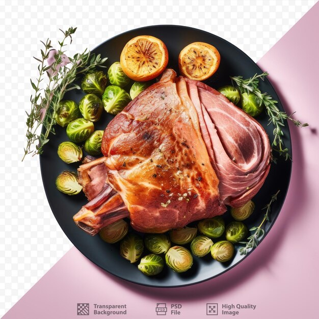 PSD transparent background top view of tasty ham with brussels sprouts and rosemary