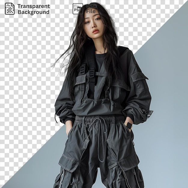 PSD transparent background urban millitary cargo baggy pants young korean woman model half length body front shot