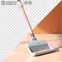 PSD transparent background of a white mop with a silver handle on a tiled floor against an orange wall