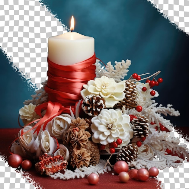 PSD Прозрачный фон с праздничным украшением ручной работы, включая ленты, белые цветы, красные шары, ветки рождественской елки, конусы кишрова и горящую свечу