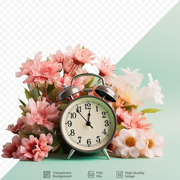 Transparent background with alarm clock and flowers space for text