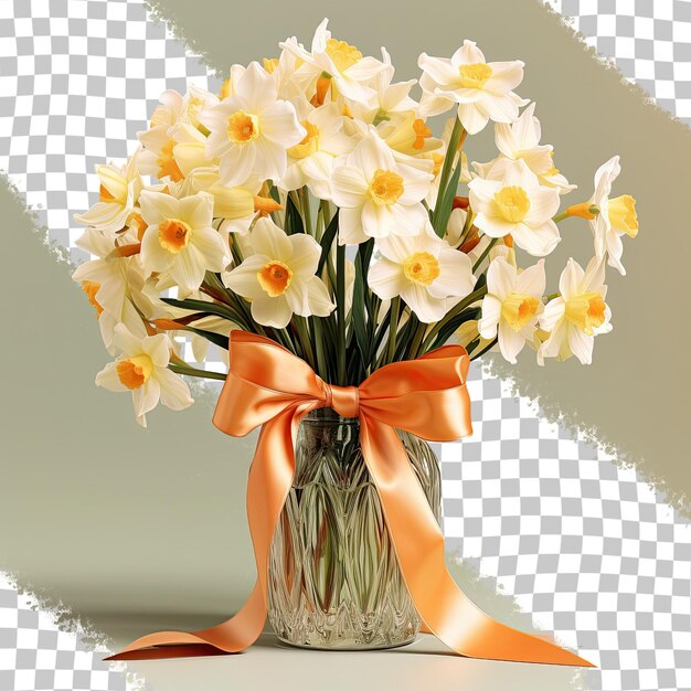 Transparent background with a bow glass holding narcissus bouquet